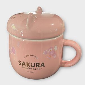 Sakura Pink Cat Mug with Lid Starbucks Style Cherry Blossom Coffee Cup Tumbler